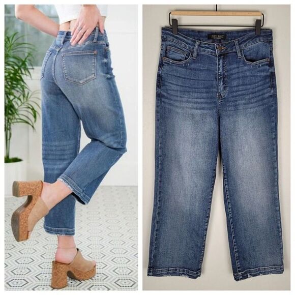 Judy Blue Size 29 Wide Leg High Rise Crop Jeans Stretch Denim Blue - Picture 1 of 12